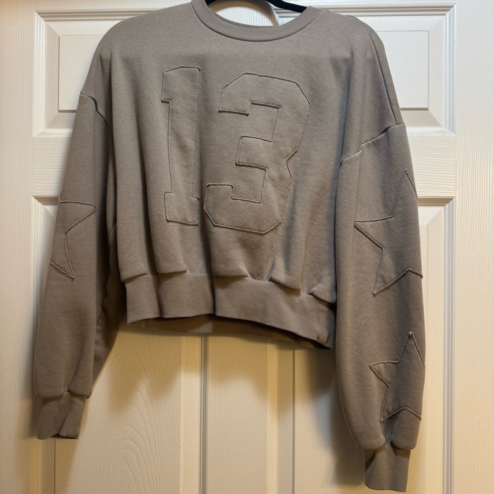 Embroidered '13' Star Sleeve Cropped Crew Neck Sweatshirt - Taupe